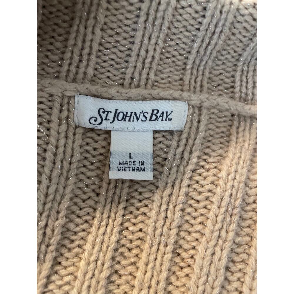 St John's Bay Cable Knit Cardigan Large Camel Gold Metallic Fisherman Sweater - Picture 2 of 5